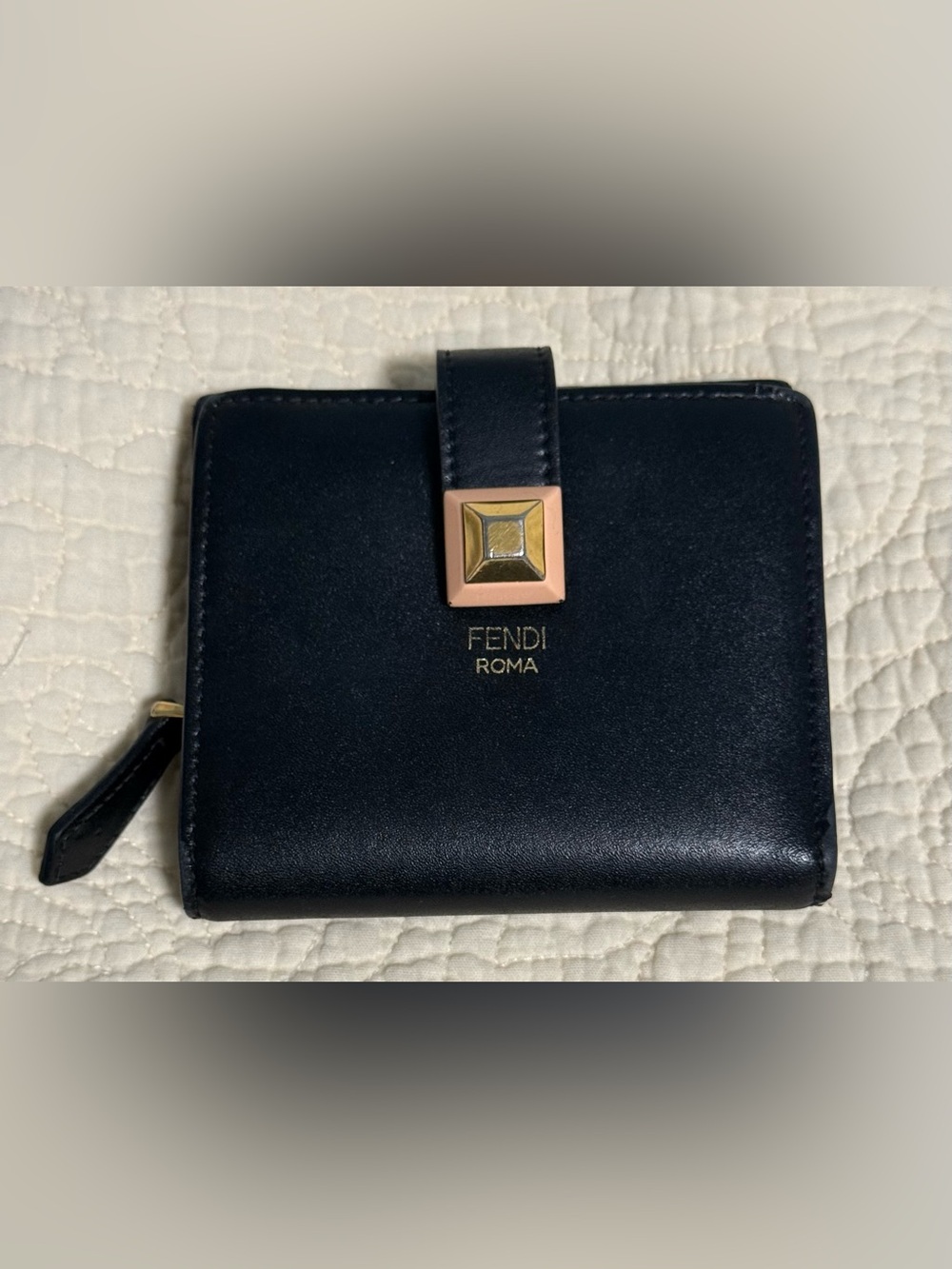 Fendi “Roma” Black Leather Wallet with Gold & Pink Accents!